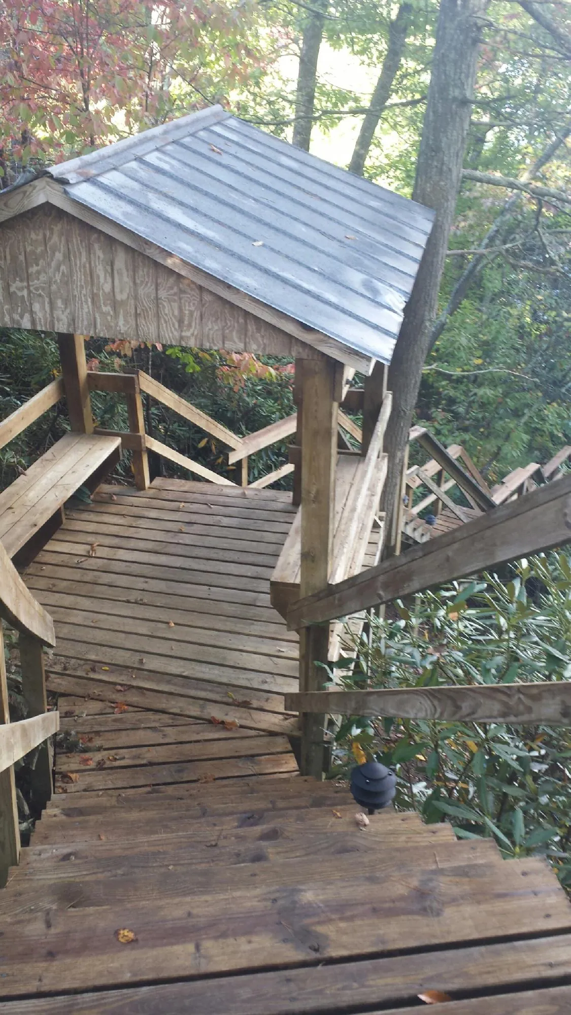 Metal roofed shelter over wooden steps on a wooded walkway — Skylight Repair & Installation work by our crew in Garrett